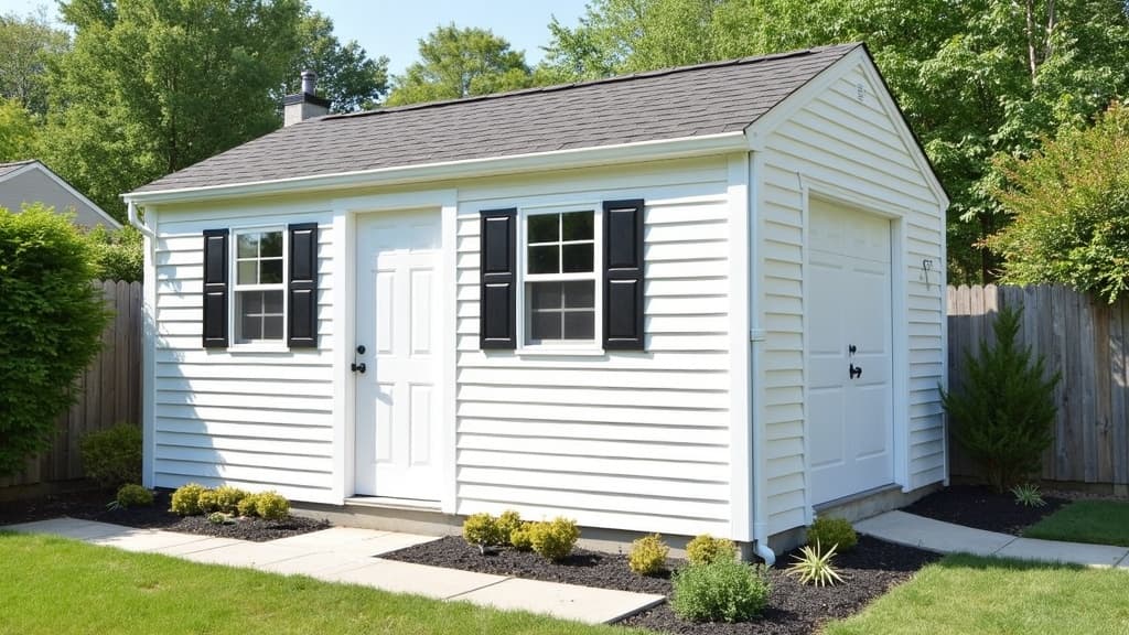 White vinyl-sided shed with black shutters and a single entry door