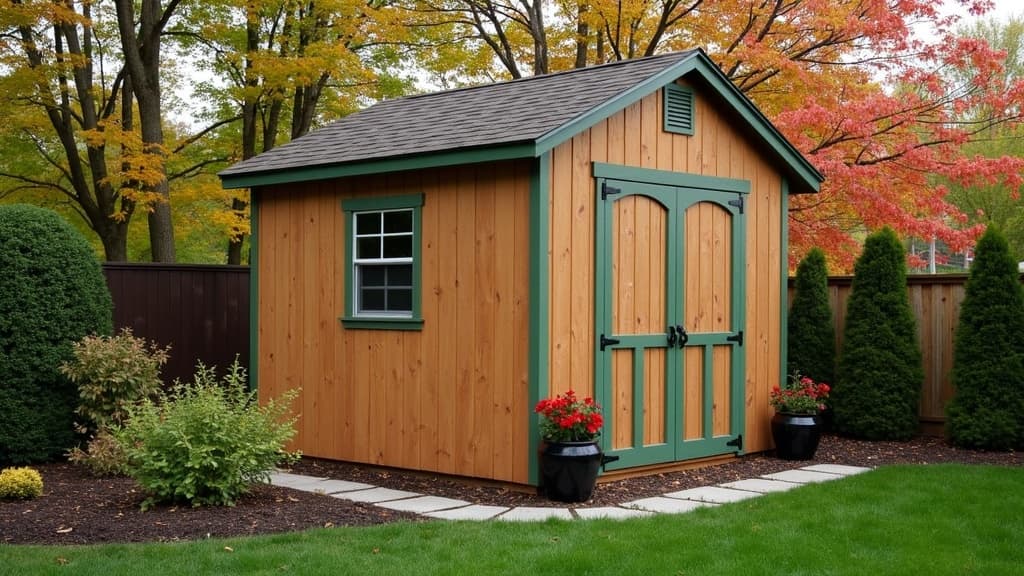 Wood shed with stained siding and green trim in a fenced backyard